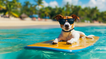 A Jack Russell terrier in sunglasses surfs in the ocean against a backdrop of palm trees&mdash;an active summer vacation, waves, bright sunshine, and a dynamic vacation scene