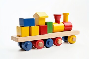 Wooden toy train with colorful blocks isolated on white background, detailed classic children toy