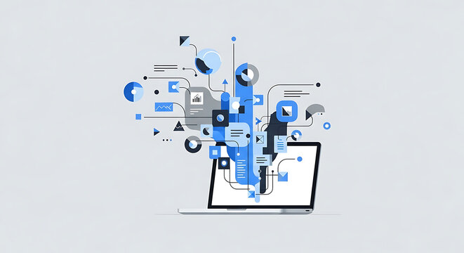 Abstract representation of digital data processing and information flow, illustrating business intelligence, technology integration, and analytics emerging from a modern laptop display