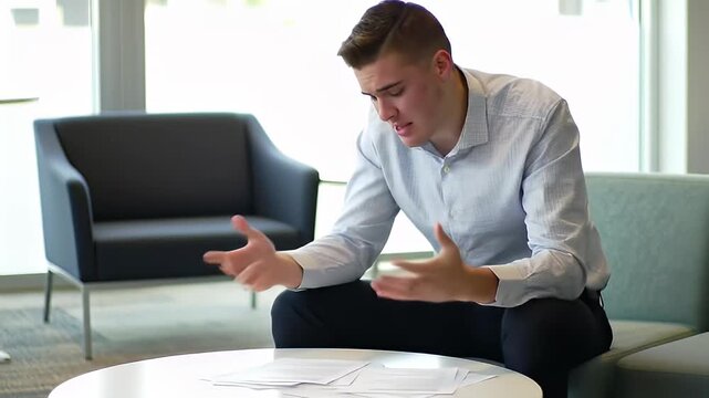 Young businessman looking stressed and overwhelmed while reviewing paperwork on a table in a modern office waiting area a relatable moment of workplace pressure
