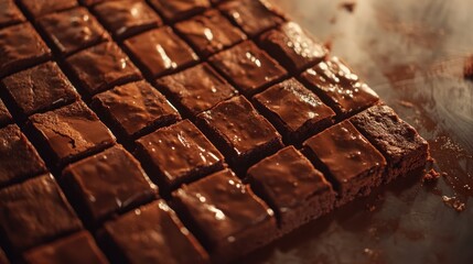 Close-up of squares of freshly baked, rich, fudgy brownies, glazed with melted dark chocolate.