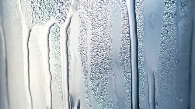 Close-up of condensation on a smooth surface, water droplets, and streaks
