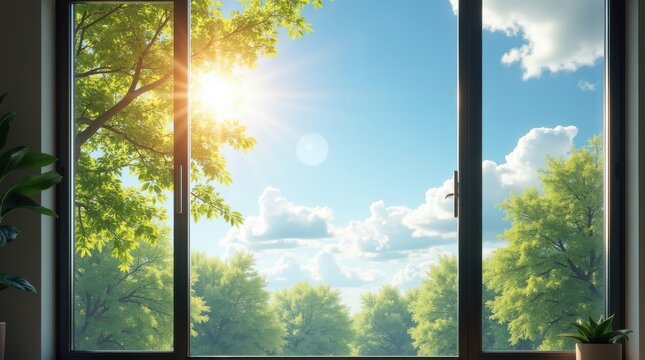 Moderna ventana de vidrio limpio con un delgado marco de metal abierto a un cielo azul brillante