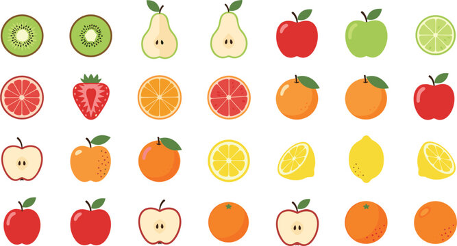 Large collection of colorful flat fruit icons including apple pear orange lemon lime kiwi strawberry and grapefruit isolated on white background vector illustration