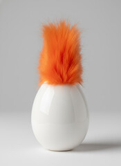 White glossy Easter egg with a tuft of bright orange furry hair on a grey background, modern minimalist conceptual art perfect for quirky marketing, festive social media posts and greeting cards