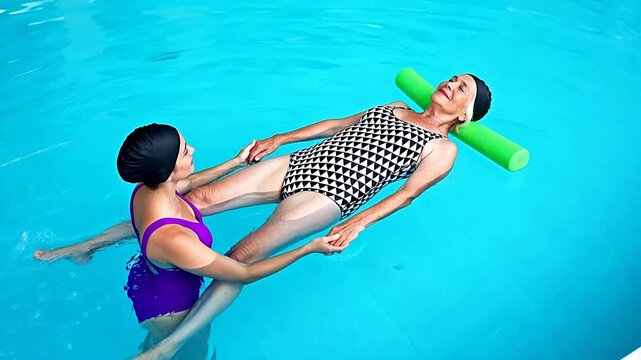 Two women in pool with foam roller
