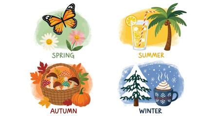Four illustrated panels depicting the distinct characteristics of spring, summer, autumn, and winter seasons with relevant elements like flowers, drinks, mushrooms, and snow.