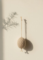 Handmade boho crochet easter egg hanging on beige wall with shadow.