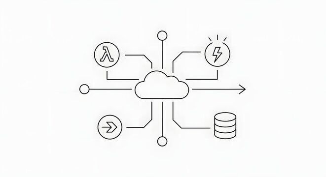 Minimalist line art serverless architecture cloud functions lambda triggers modern cloud computing