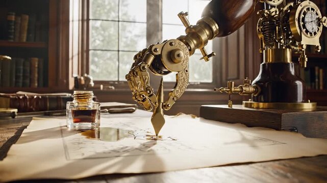 Steampunk automaton writing on paper in a vintage study room with sunlight.