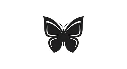 Fototapeta premium Butterfly icon with simple black wings and white accents, minimalist design, isolated on white background featuring silhouette, graphic, illustration with symbol and logo elements for insect, animal