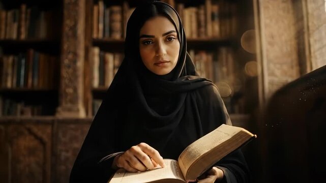 intellectual young Persian woman reading in a historic library at golden hour