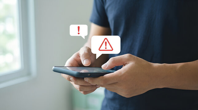 Cybersecurity threat from fake email and SMS alerts on smartphone, with red warning icons indicating phishing messages, identity theft risk, and online fraud targeting