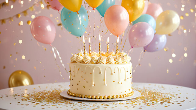 Geburtstagskuchen mit goldenen Kerzen und bunten Luftballons