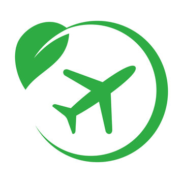 Green aviation concept with leaf and airplane in circle. Sustainable air travel, eco friendly aviation industry, carbon reduction and environmental protection. Electric, solar or H2 energy solution.