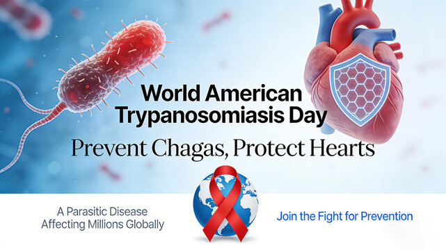 Trypanosoma, Shield Heart, and Red Ribbon Earth represent the prevention of Chagas disease, global protection of heart health, and promotion of World Trypanosoma Day in the Americas.
