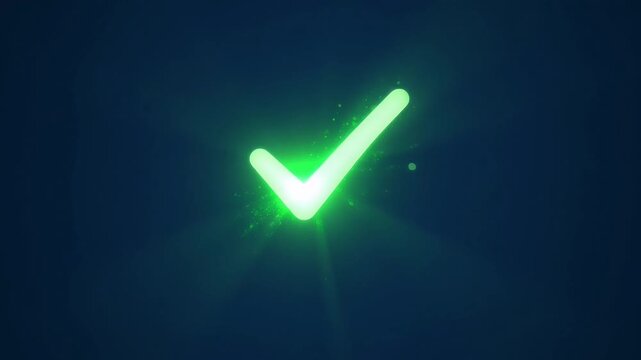 Glowing green checkmark on dark background, symbolizing approval and confirmation, in a simple visual representation