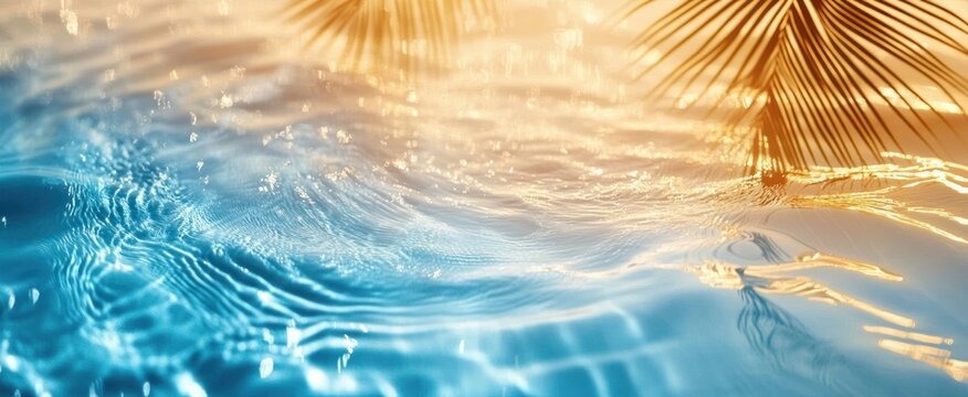 sunlit blue pool water with gentle ripples and golden palm leaf reflections conveying warm relaxed tropical calm