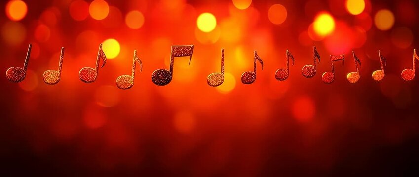 Musical notes hang against  vibrant red and orange bokeh  creating  festive atmosphere