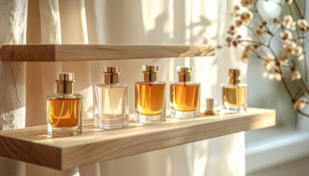 FlyPro Firefly Light Beech Wood Perfume Display Shelf with Small Glass Atomizers, Natural Finish