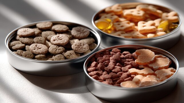 Colorful Pet Treats in Round Tins with Bright Patterns and Natural Light Shadows