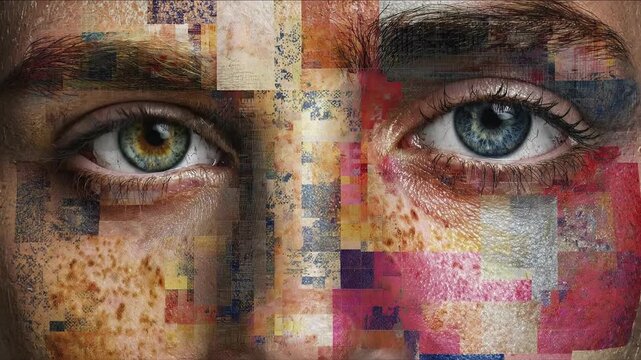 Mosaic of faces morphing men and women concept. Close up of human eyes with artistic colorful pixel mosaic face texture digital art