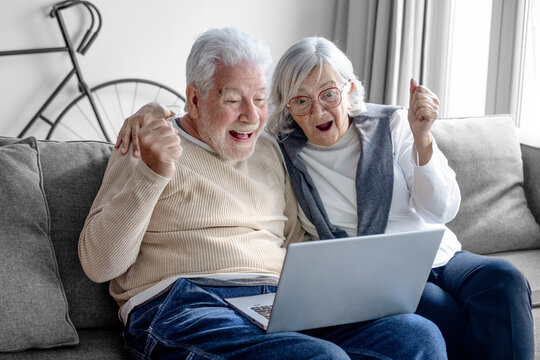A happy elderly couple, sitting on the sofa in a modern home, embrace while using their laptops, excited by some good news and spending carefree, cheerful, and harmonious moments together.