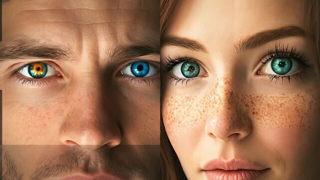 Mosaic of faces morphing men and women concept. Close up of diverse human faces showing colorful eyes and natural skin textures with freckles and facial details
