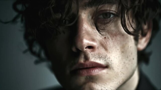 Mosaic of faces morphing men and women concept. Close up portrait of young man with curly hair and natural skin texture in moody lighting