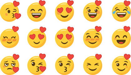 Fototapeta premium Cute Love Emoji Faces Vector Set with Heart Expressions, Kissing and Smiling Emoticons Collection for Chat, Social Media and Messaging Design
