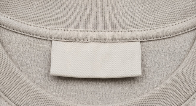 Blank clothing label on neutral fabric background, copy space
