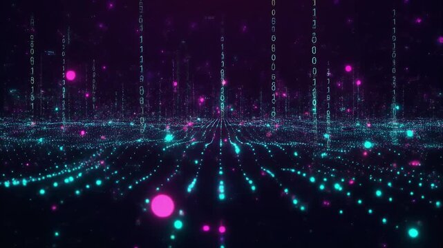 Floating code particles constellation network glowing cyan pink lights seamless futuristic surreal ambience cascading softly abstract unique style ultra realistic loop