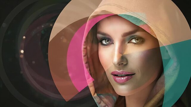 Mosaic of faces morphing men and women concept. Portrait of a smiling woman with colorful makeup and hood in artistic modern style with abstract shapes