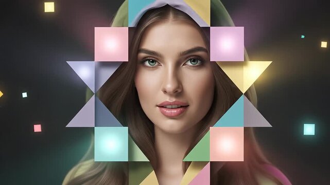 Mosaic of faces morphing men and women concept. Beautiful young woman with glowing colorful geometric shapes around her face on dark background