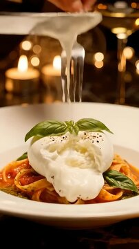 Slicing Fresh Burrata Cheese over Steaming Tomato Pasta in Fine Dining