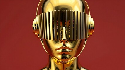 Futuristic Golden Android Robot with Headphones and Digital Visor Glasses