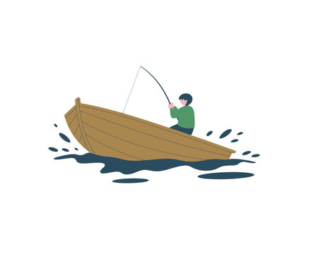 Minimalist flat design fishing illustration with cartoon boat and angler