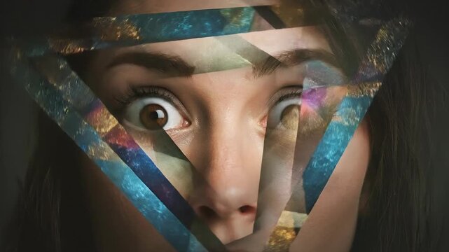 Mosaic of faces morphing men and women concept. Close up of a surprised woman with abstract geometric light reflections on face