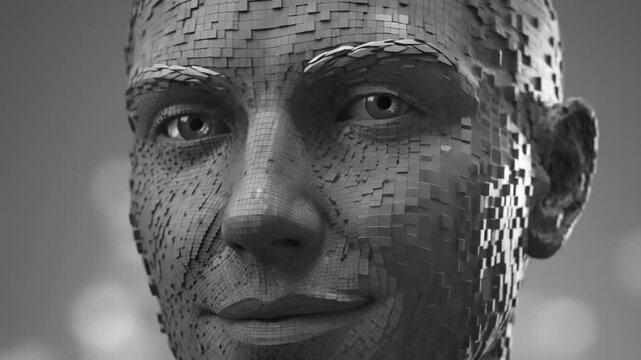 Mosaic of faces morphing men and women concept. Close up of futuristic human face made of square digital pixels in black and white with glowing eyes