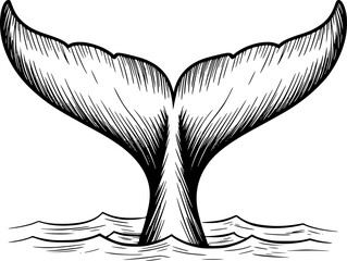 Black and white of a whale tail fin emerging from stylized ocean waves © Anjuman_42