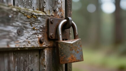 Rusty Iron Padlock on an Old Locked Wooden Door