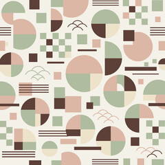 くすみカラーの和モダン幾何学シームレスパターン背景（アイボリー）：スモーキーピンクとくすみグリーンを基調に、円・半円・格子・ラインを組み合わせた和モダン幾何学デザイン。ナチュラルで落ち着いた配色は100均デザインペーパーや和雑貨、おしゃれ雑貨、ラッピング用途に最適なシームレス背景素材です。