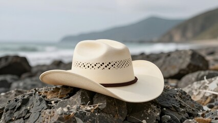 White Cowboy Hat on Exotic Beach Rocks