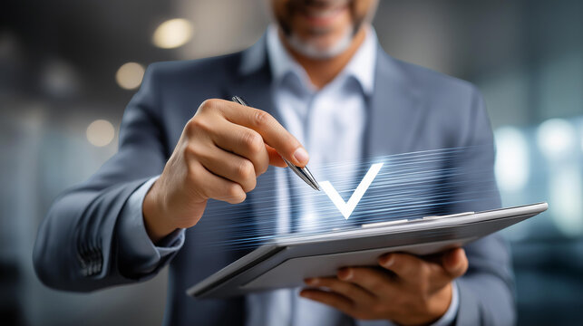 Faceless businessman approving a glowing digital document with a checkmark on a virtual screen, online file verification concept photography, modern corporate environment, defocused