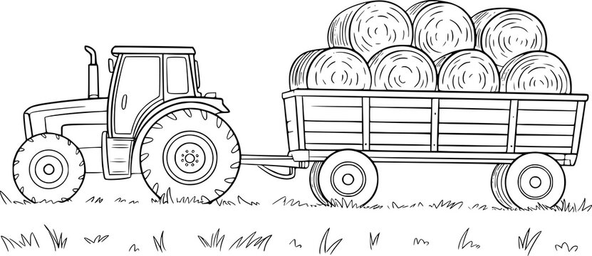 Black and white line of a tractor pulling a wagon full of hay bales a white background