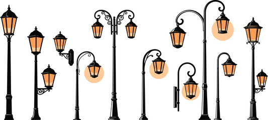 Vintage street lamp silhouettes collection, glowing lantern vector, ornate urban design artwork, nostalgic lighting illustration for architecture - flat vector illustration © MST RAMANA