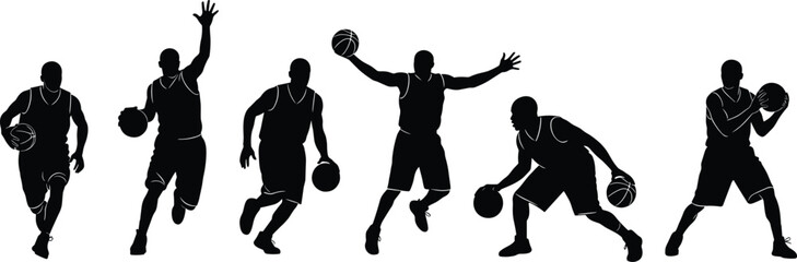 Basketball players silhouettes collection, athlete action vector illustration, dribbling shooting passing artwork, sports design graphic - flat vector illustration © MSTRAMANA
