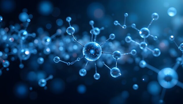 Abstract molecular structure visualization, floating atoms connected by glowing bonds, dark gradient background, blue scientific tones, ultra sharp detail, pharmaceutical research concept, futuristic