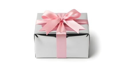 Fototapeta premium A beautifully wrapped gift box with a pink ribbon on a white background