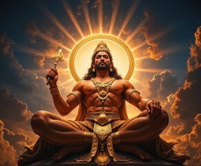 Fototapeta premium Majestic Hindu Deity Meditating with Radiant Light and Spiritual Aura in Background
